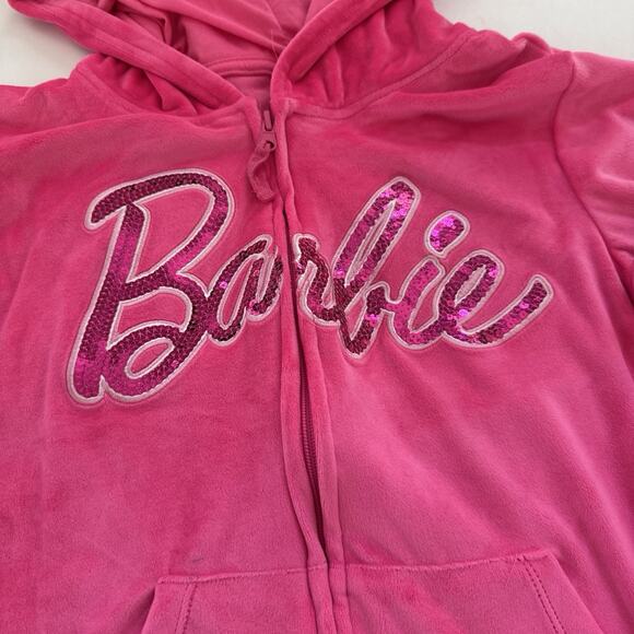 Vintage BARBIE Velour Hoodie Tracksuit Jacket Rare Pink Graphic KID Large Y2K 90 - Picture 3 of 6